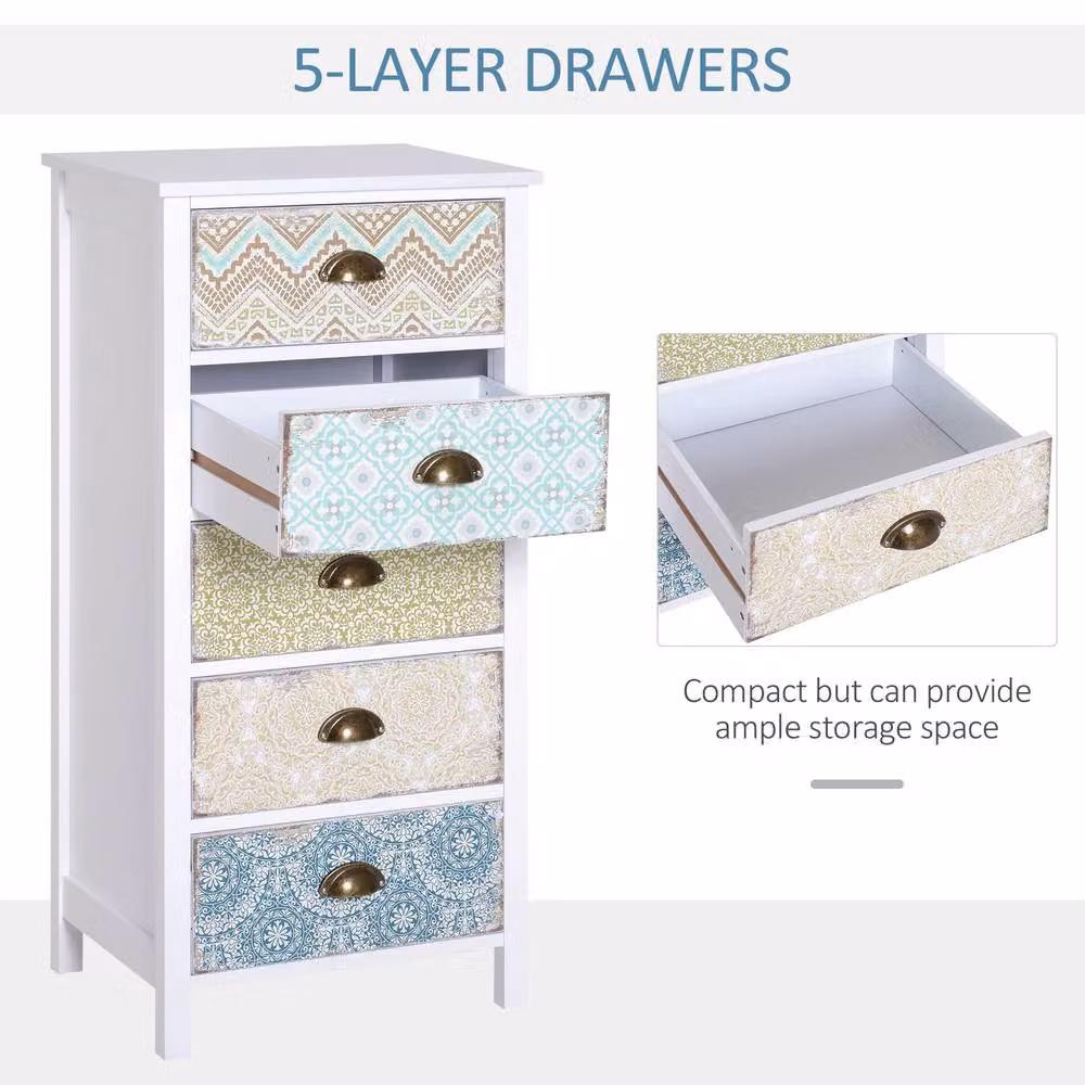 STILVORA 5 Drawer Chest in White and Multicolour with Vintage Geometric Wood Design – 2