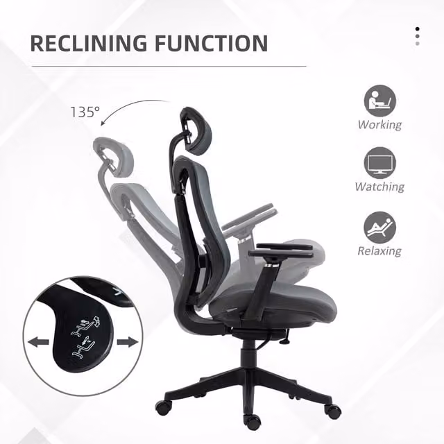 Vinsetto Grey and Black Task Office Chair with Headrest, Armrests and Castors