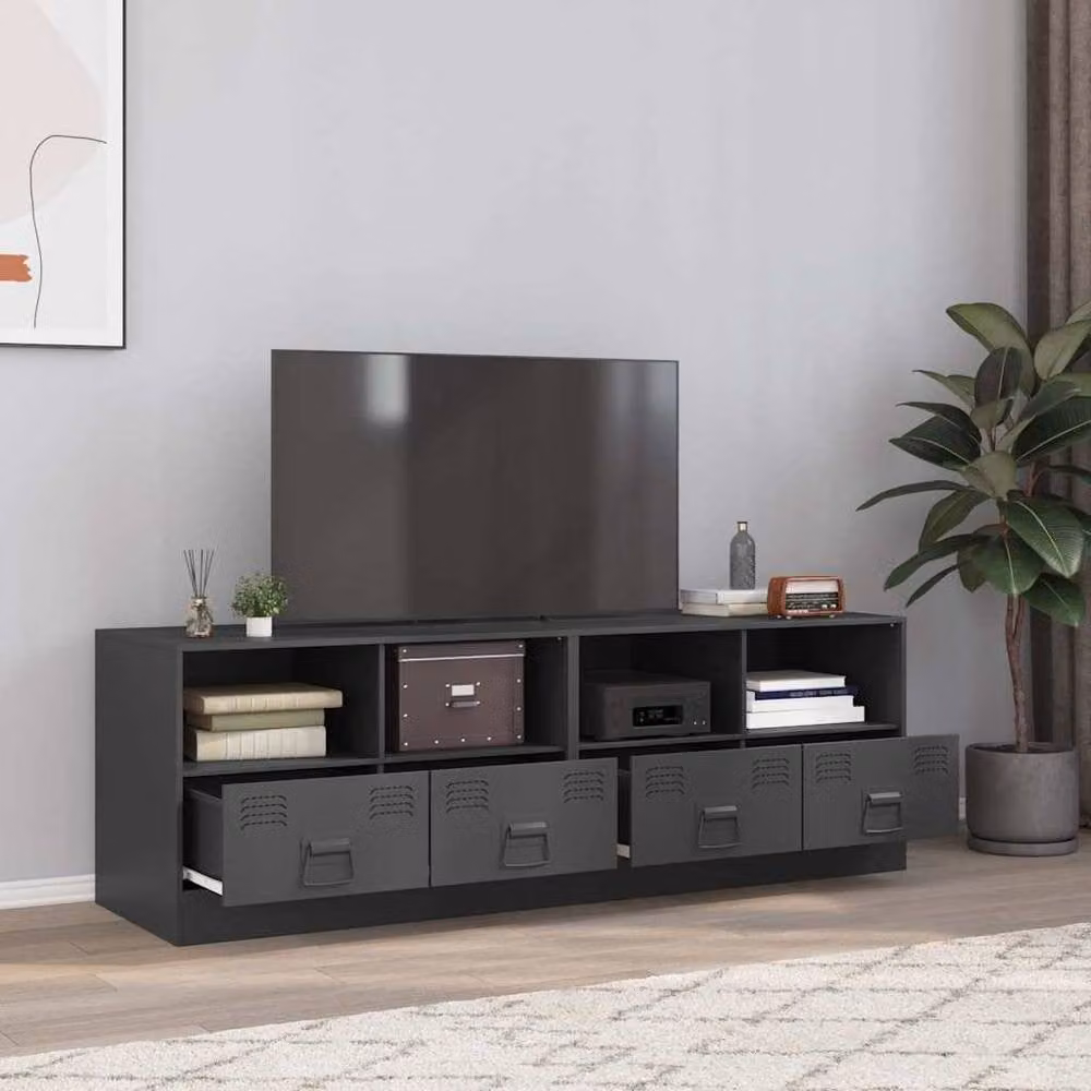 Berkfield Home Set of 2 Industrial Steel TV Cabinets in Anthracite Grey, W/D/H: 67 x 39 x 44 cm – 2