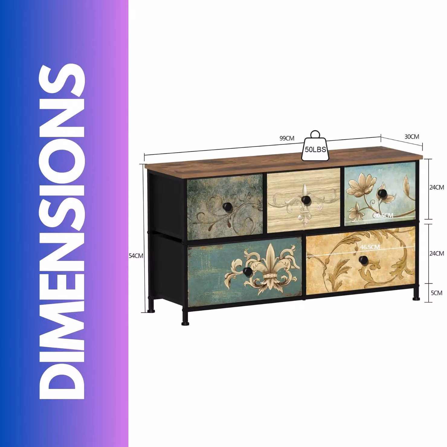 FURNOS 5 Drawer Fabric Bedroom Dresser with Floral Pattern in Brown and Multicolour, W/D/H: 76 x 30 x 54 cm – 3