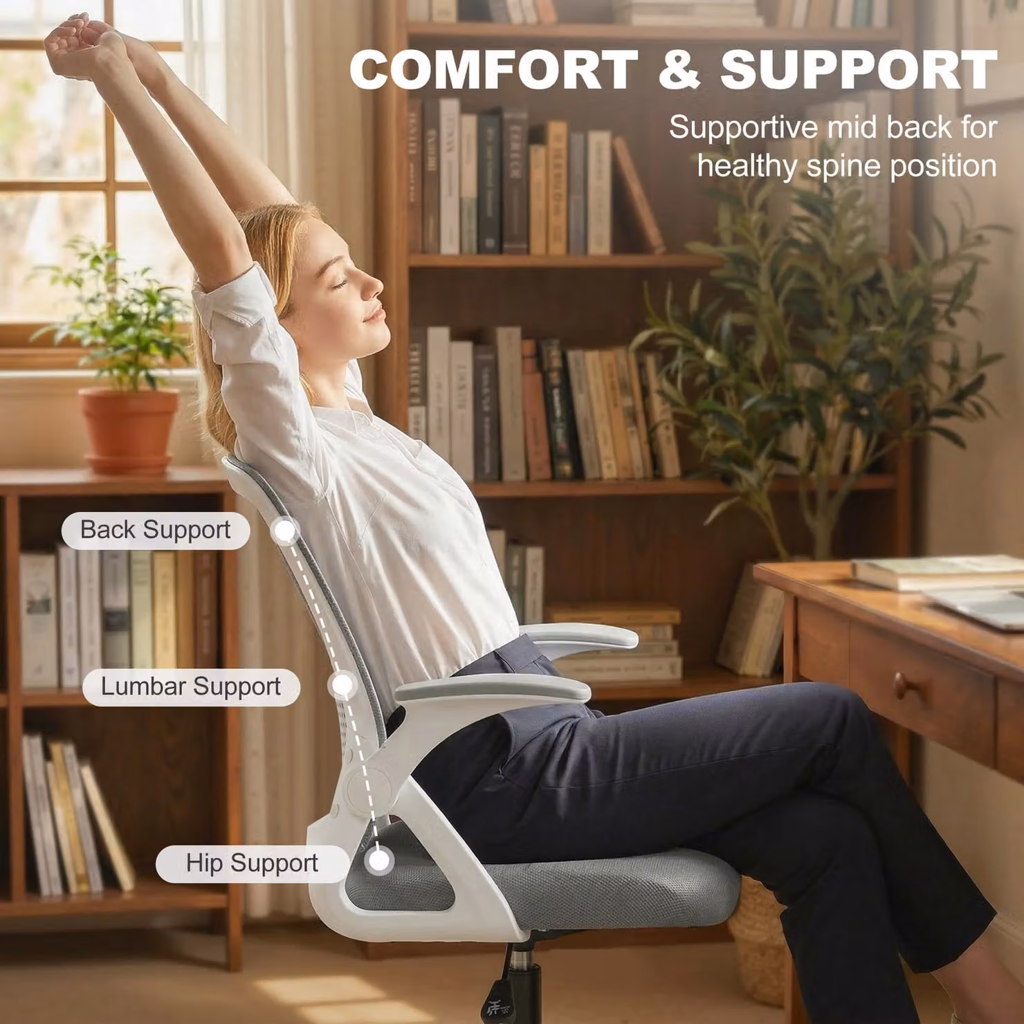 HOMCOM Grey Mesh Drafting Chair with Flip-up Armrests and Foot Ring – 5