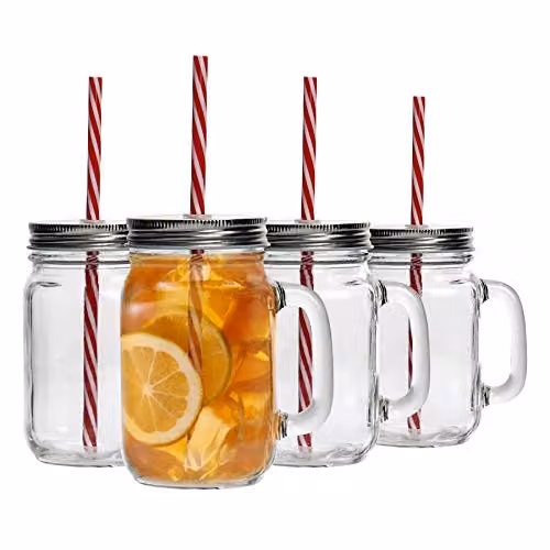 Rink Drink Glass Tumbler Mason Jars with Lids and Straws, Pack of 4, 450ml, Transparent – 1