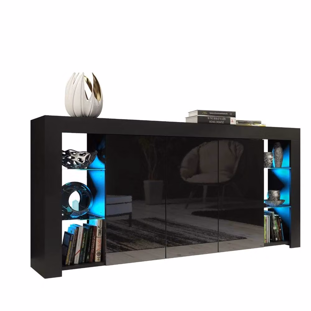 FORGEVIO Modern Black Gloss TV Unit Sideboard with Integrated Lighting – 2