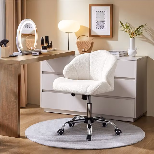 Yaheetech Modern White Bouclé and Velvet Swivel Task Chair for Home Office and Makeup
