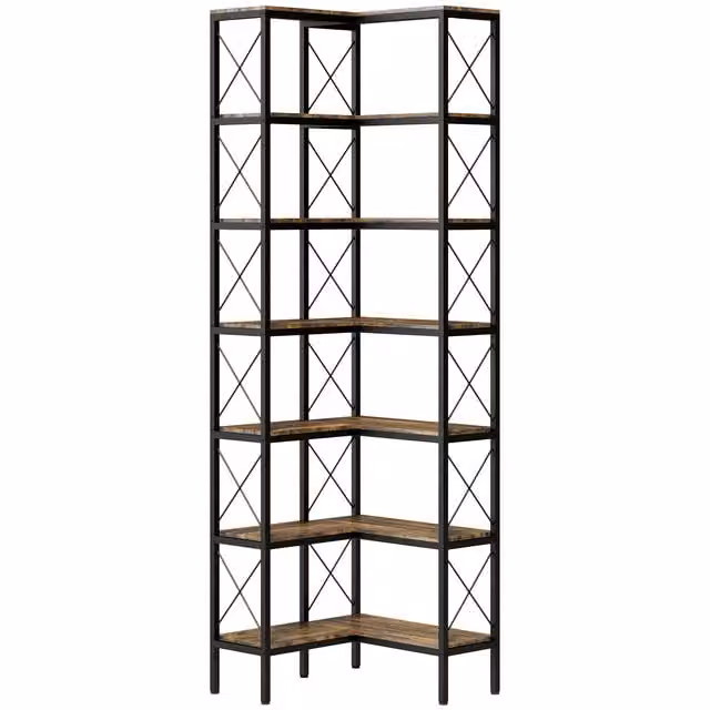 HOMCOM 6-Tier L-Shaped Freestanding Corner Bookshelf with Metal Frame in Rustic Brown