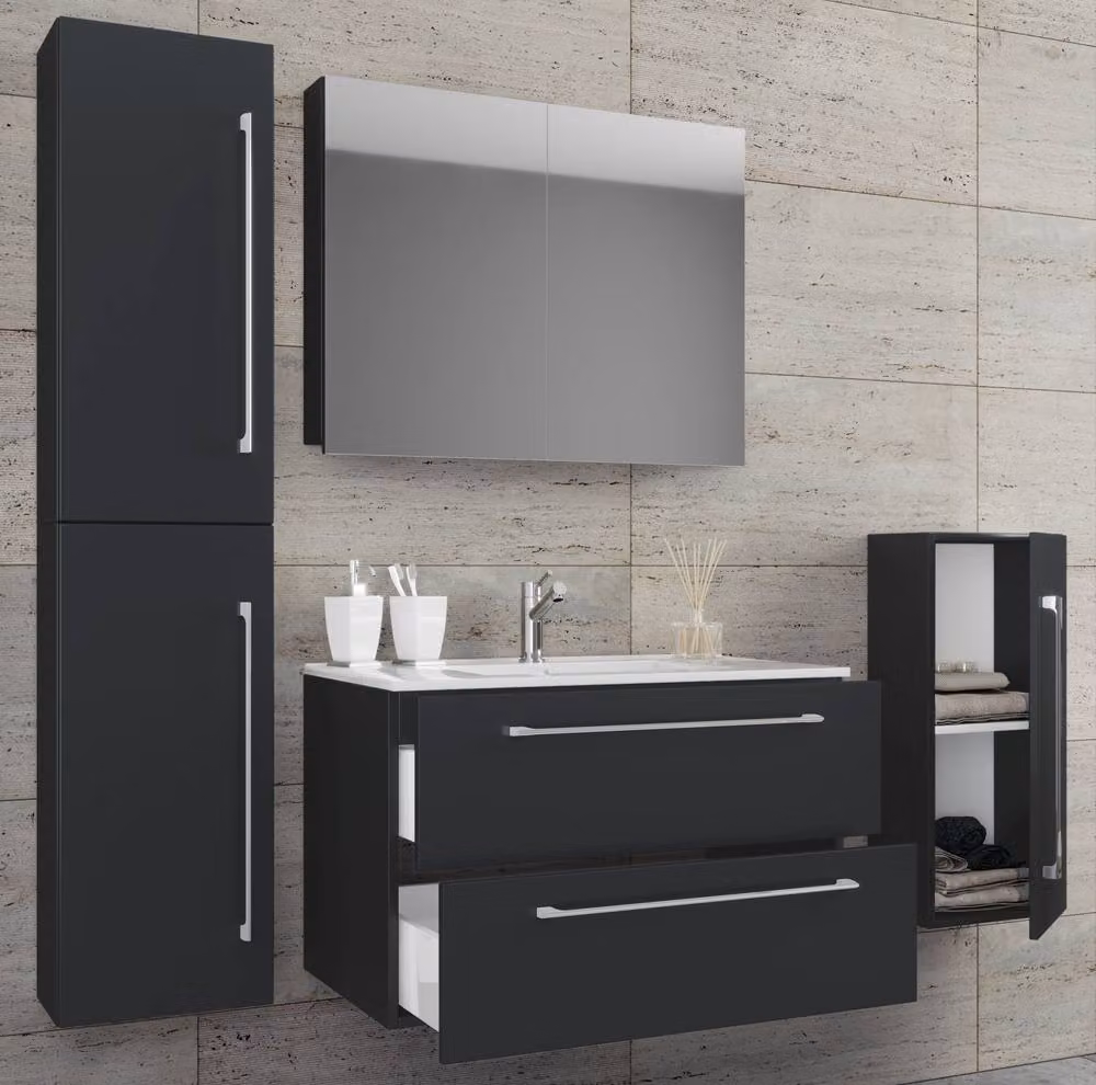 VCM Badinos SC 5-piece Matt Black Bathroom Vanity Set with Mirror Cabinet, Tall Cabinet and Side Cabinet – 2