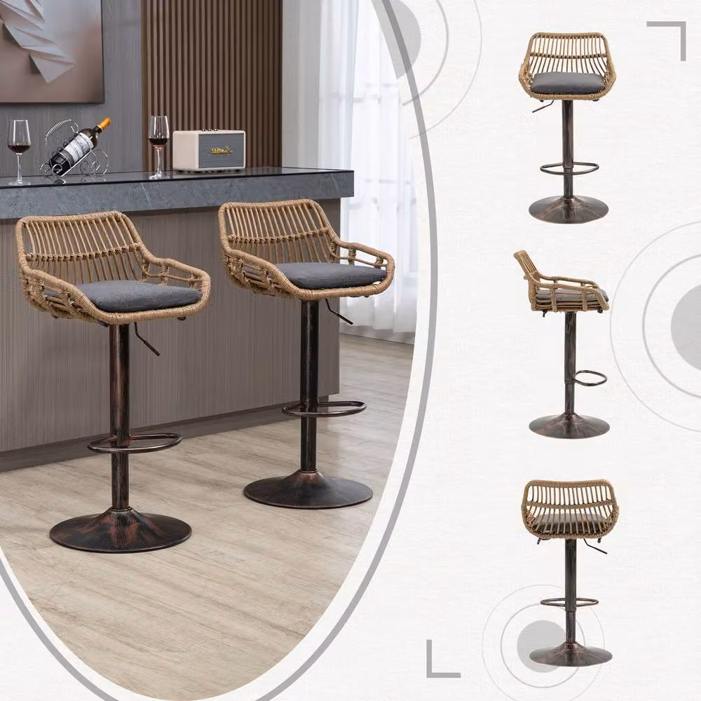 Direct Wicker Set of 2 Modern Grey Swivel Bar Stools with Armrests and Height Adjustment – 5
