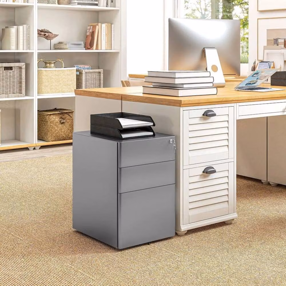 NESTLUNE 3 Drawer Metal Filing Cabinet in Grey with Lock and 5 Wheels – 3