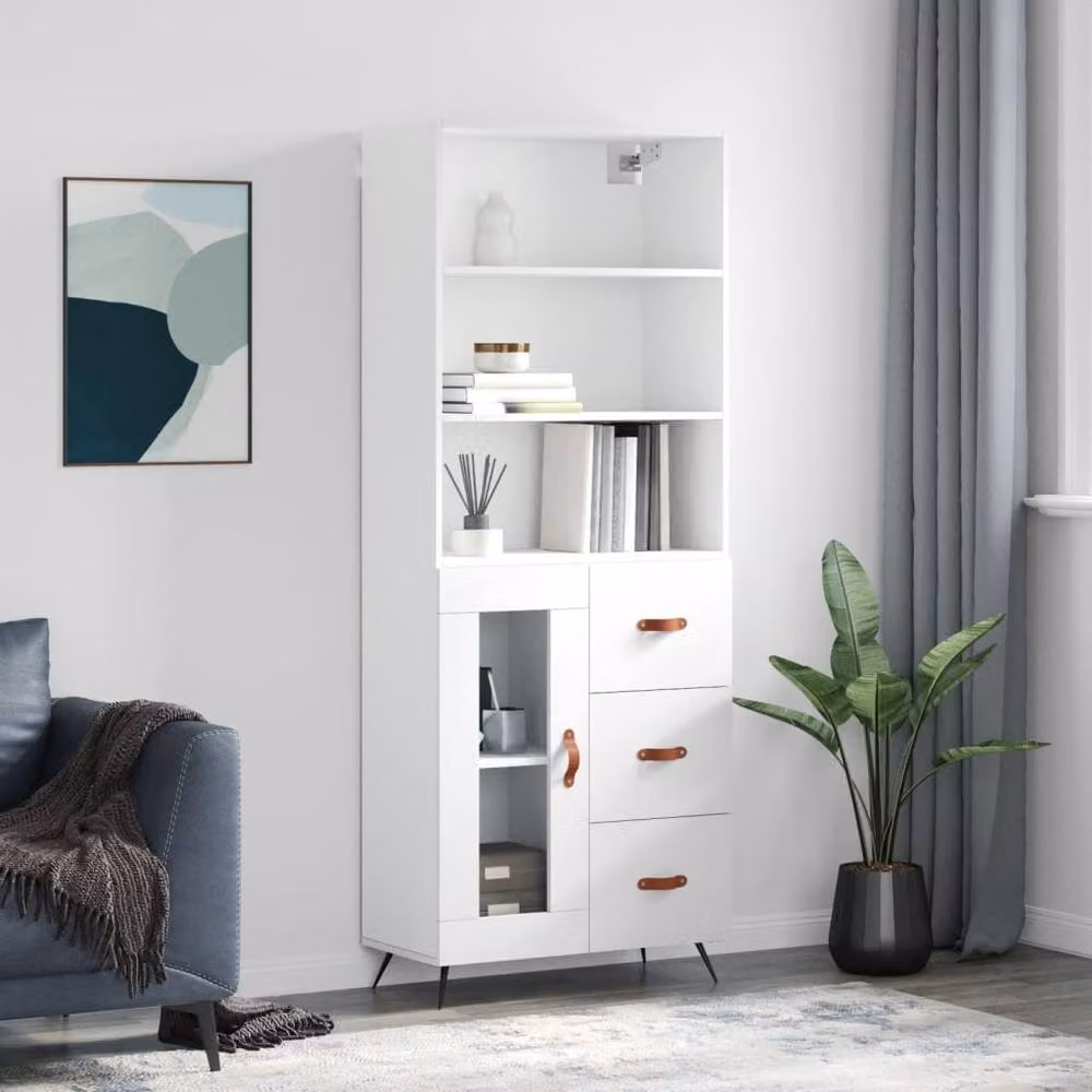 Berkfield Home White Modern Highboard with Glass Doors and Internal Shelves, W/D/H: 69.5 x 34 x 180 cm – 2