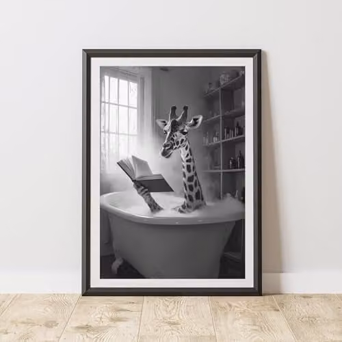60 SECOND MAKEOVER Giraffe Book In Bath Animal Print Paper Poster, W: 21.0 cm, H: 29.7 cm, Black, White and Grey