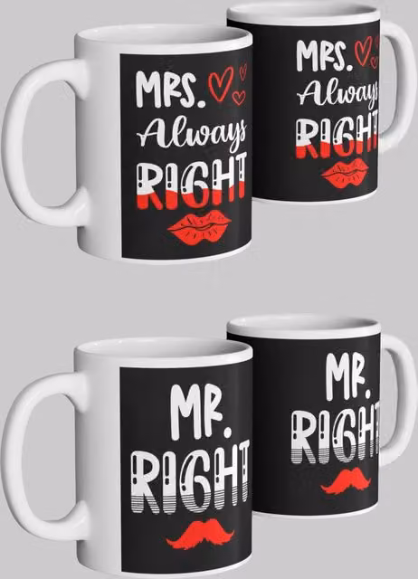 Simply Stunning Mugs Handcrafted Personalised Mr. Right and Mrs. Always Right Ceramic Mug Set of 2 in White and Red