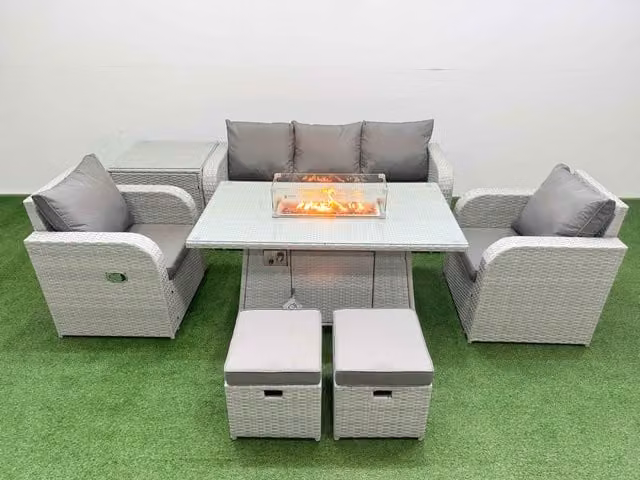 Fimous PE Rattan Garden Furniture Set in Light Grey with Reclining Chairs, Sofa, Firepit, Dining Table, Side Table and 2 Small Stools
