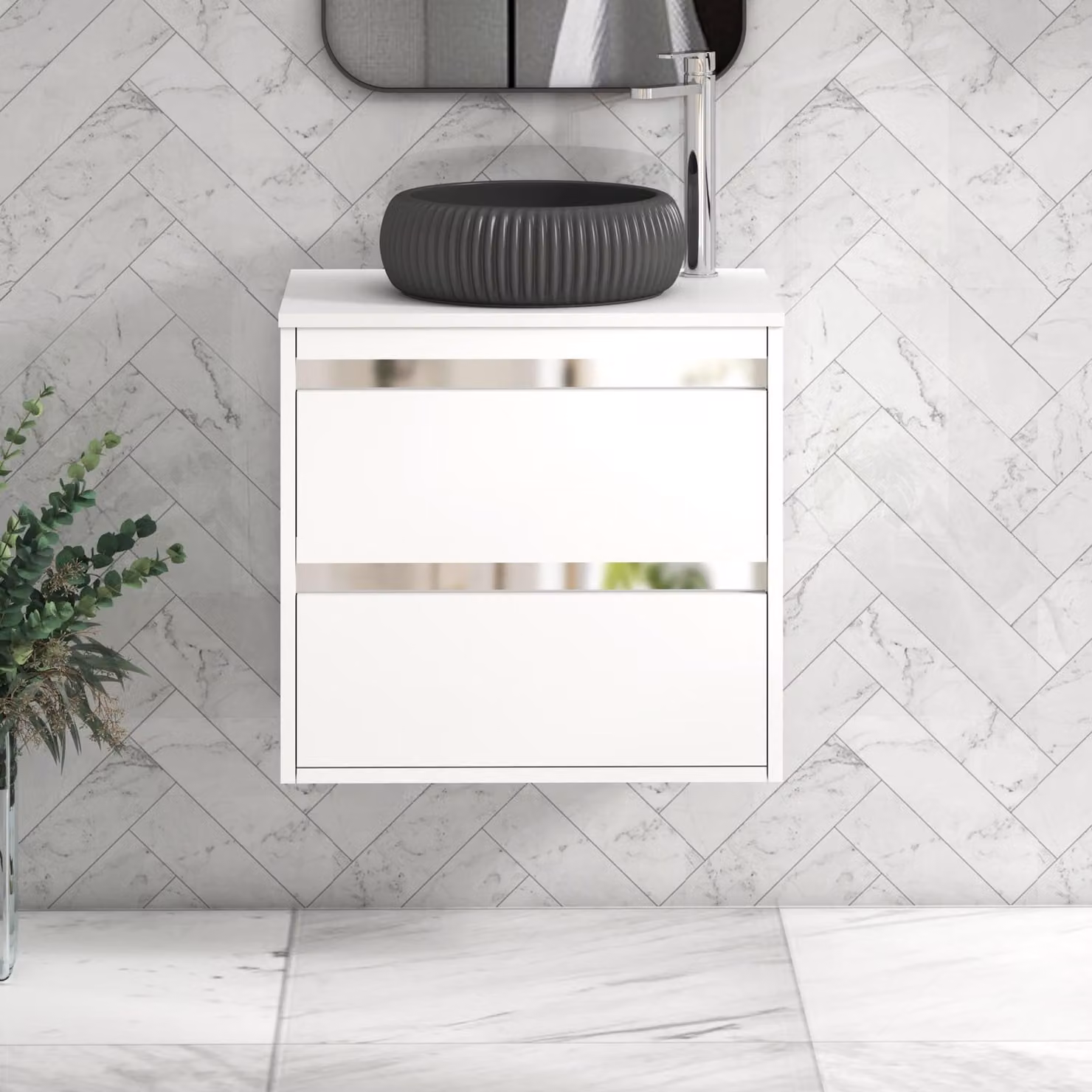 Royal Bathrooms Orion 600mm Matt White Wall Hung 2 Drawer Vanity Unit with Milan Black Basin and Chrome Accent Trim