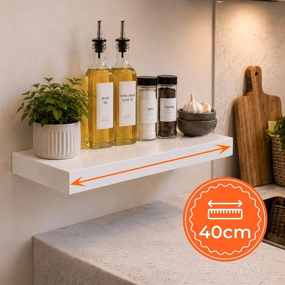 NESTLUNE Pack of 2 White High Gloss Floating Wall Shelves, W: 100 cm, D: 15 cm, H: 40 cm – 6