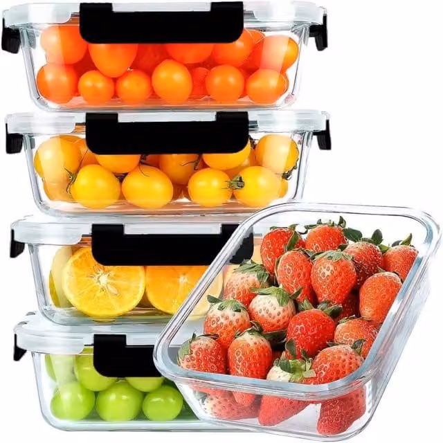 ATEK 5 Pack Airtight and Leakproof Glass Meal Prep Containers with Lids, Clear
