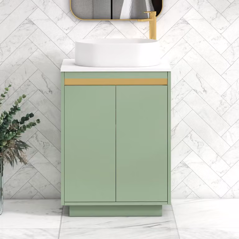Royal Bathrooms Orion 600mm Mint Sage Floor Standing 2 Door Vanity Unit with Peak Basin and Brushed Brass Accent Trim