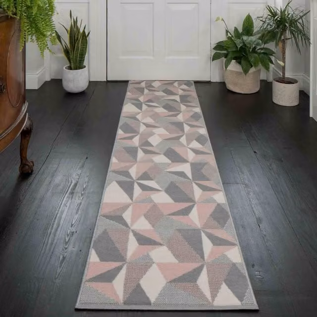 The Rug House Blush Pink and Grey Diamond Geometric Living Room Rug, W: 240 cm, D: 60 cm
