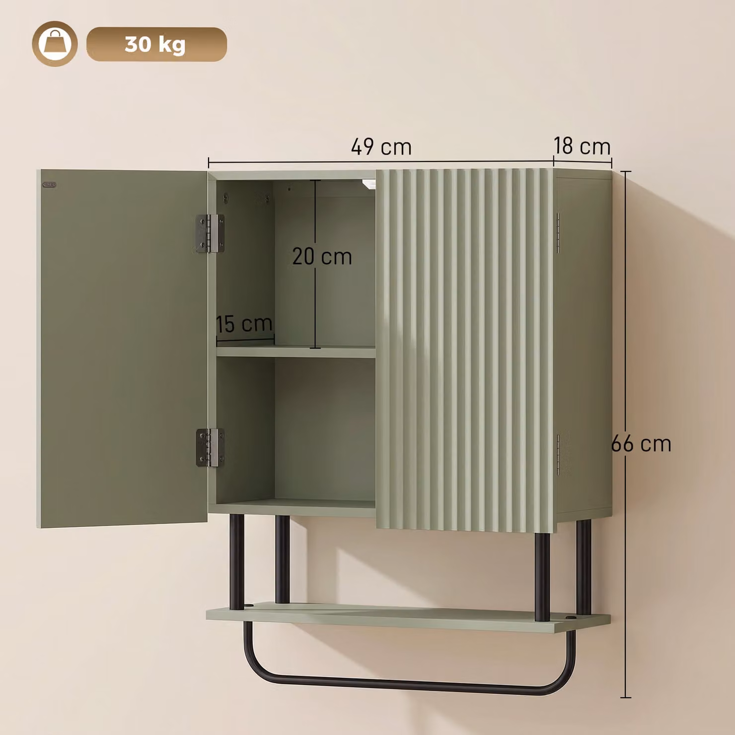 HOMCOM Modern Green Wall Mounted Bathroom Cabinet with Hinged Doors and Open Shelf, W/D/H: 49 x 18 x 66 cm – 2