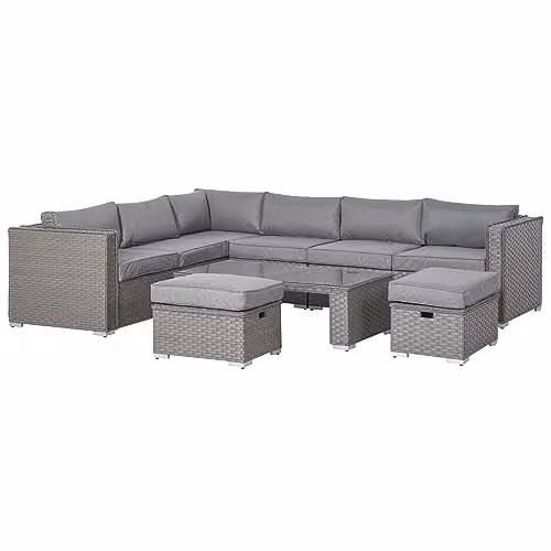 Outsunny 6 Piece Grey PE Rattan Corner Sofa Set with Upholstered Cushions, Coffee Table and Ottoman, Powder Coated Aluminium Frame – 1