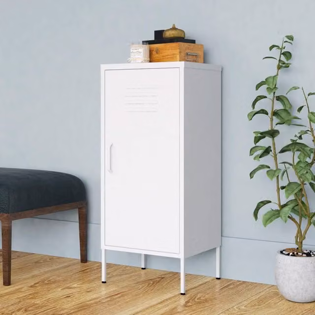 Berkfield White Metal Freestanding Storage Cabinet with Hinged Doors W/D/H: 42.5 x 35 x 101.5 cm