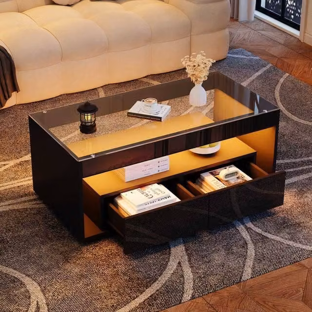 STILVORA Modern Rectangular Coffee Table with Glass Top and Black Glossy Finish, W: 100 cm, D: 50 cm, H: 40 cm – 1