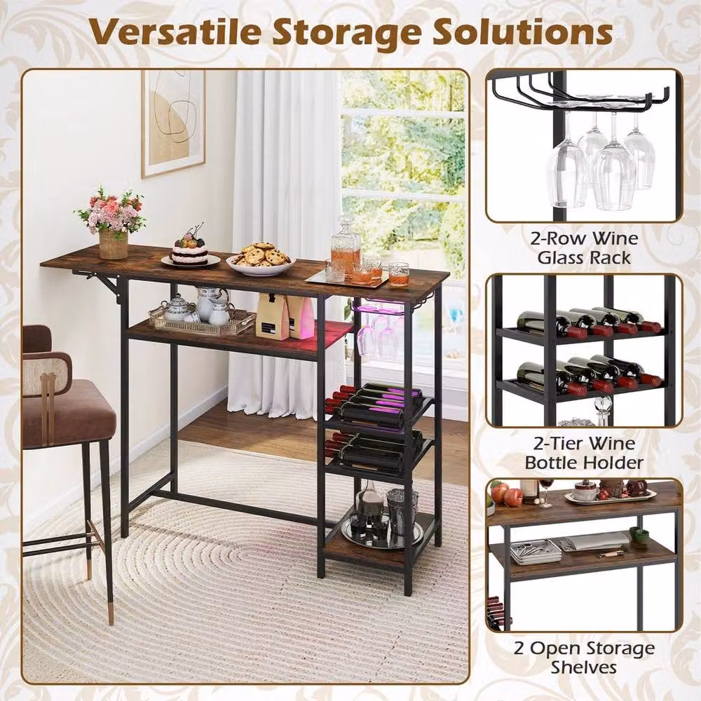 NESTLUNE Brown Counter Height Bar Table with Foldable Drop Leaf Top and Bottle Holders, W: 100 cm, D: 15 cm, H: 95 cm – 5