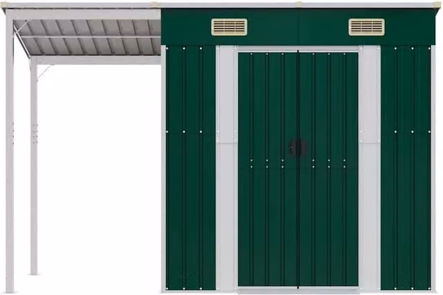Berkfield Home Garden Pent Shed with Extended Roof in Green, W/D/H: 277 x 110.5 x 181 cm