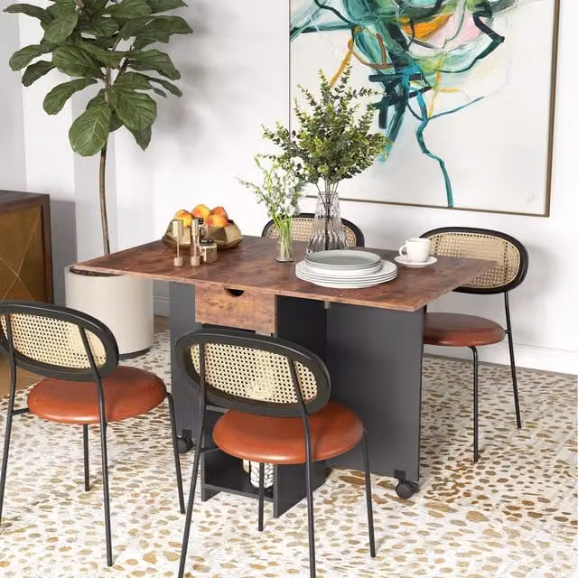 HOMCOM Brown Foldable Drop Leaf Dining Table with Castors and Extendable Butterfly Leaf