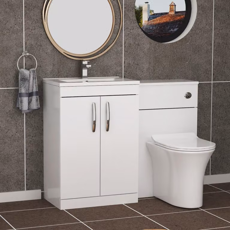 Royal Bathrooms Gloss White 2 Door Vanity Unit with Minimalist Basin and Slim Breeze Back to Wall Toilet, W: 110 cm