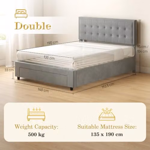 HOMCOM Upholstered Velvet Ottoman Double Bed with Lift-Up Storage in Grey, W: 140 cm x D: 190 cm – 5