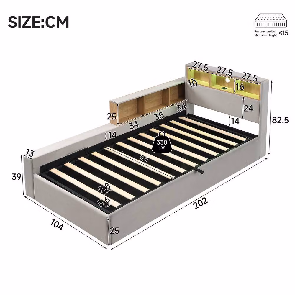 BTM Grey Velvet Single Daybed with LED Lighting, USB Charging Port and Storage, W/D/H: 190 x 90 x 82.5 cm – 2