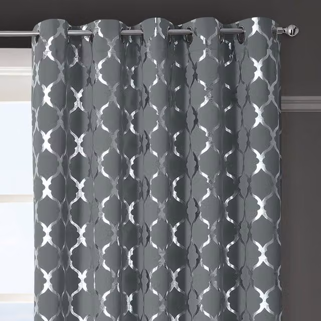 Velosso Arabesque Grey Blackout Eyelet Curtains, Width: 116 cm, Drop: 137 cm – 1