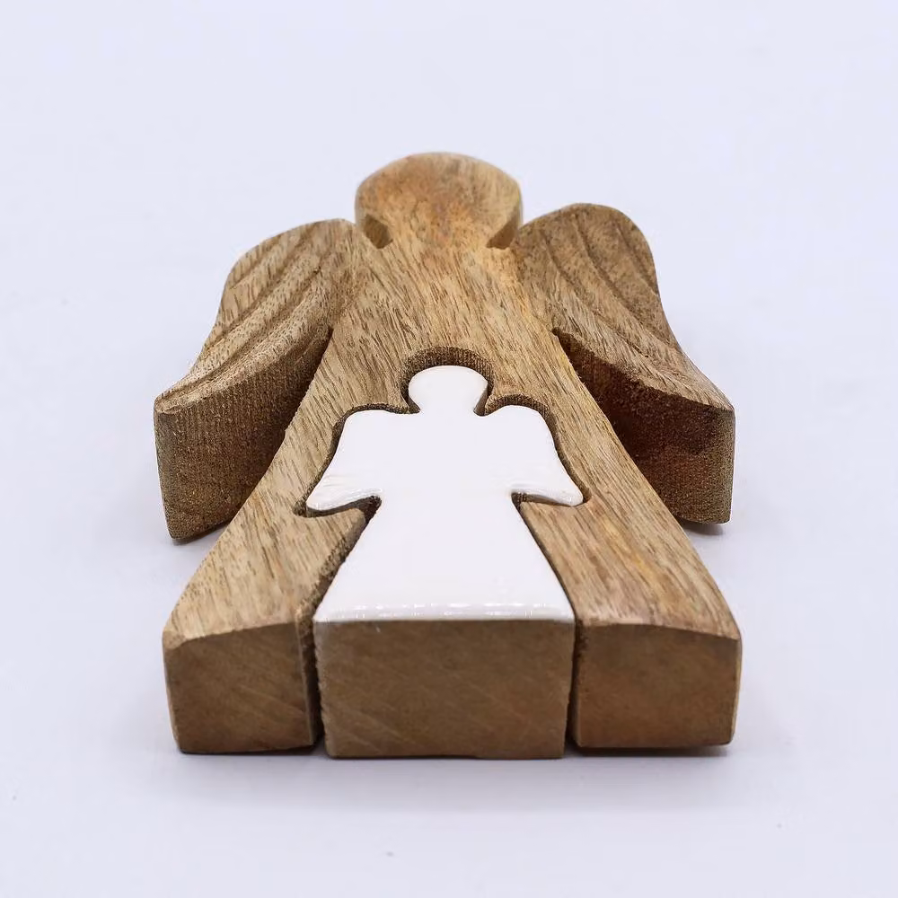 Serenityy Mango Wood Embracing Angels Figurine, White Enamel, W/D/H: 9 x 3 x 15 cm – 2