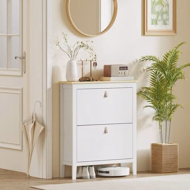 Wyld Haus Rimi White and Oak Wall Mounted Shoe Cabinet with Tilting Compartments and Internal Shelves W/D/H: 80 x 24 x 95.5 cm – 1