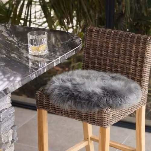 SNUGRUGS Round Genuine Sheepskin Seat Pad with Long Wool and Microsuede Backing, Light Grey, Diameter: 37 cm – 2