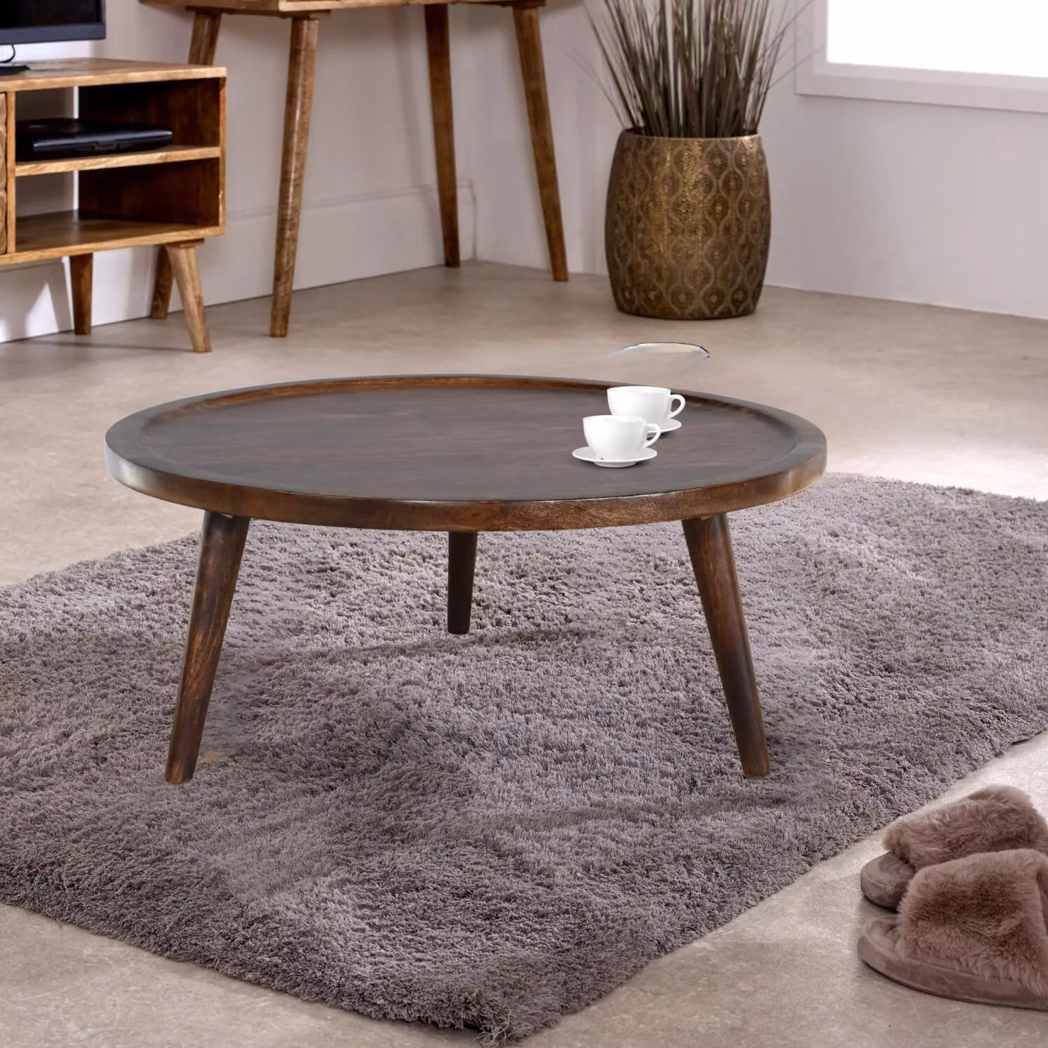 IH Design Dark Mango Wood Round Low Coffee Table in Brown, Diameter: 70 cm, Height: 30 cm – 5