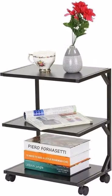 KORVIXA 3 Tier Rolling Side Table in Black Metal with Castors, W/D/H: 100 x 100 x 54 cm – 1