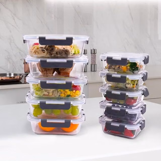 Alivio Pack of 10 Leakproof Glass Food Storage Containers with Snap Lids, White and Transparent