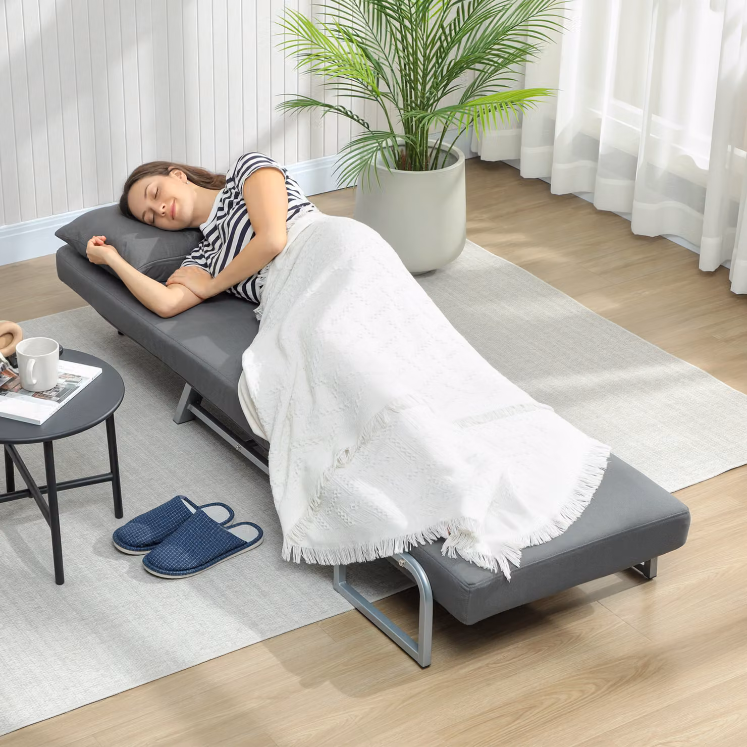 HOMCOM 3-in-1 Convertible Single Sofa Bed in Grey with Adjustable Backrest and Armrests – 6