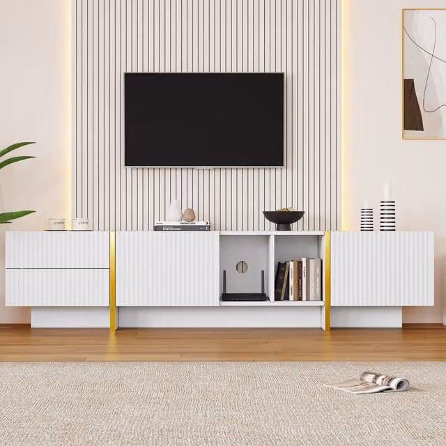 Aosom Modern TV Cabinet with Storage and Open Shelves for up to 85-Inch TVs, White and Gold, W: 190 cm, D: 35 cm, H: 45 cm