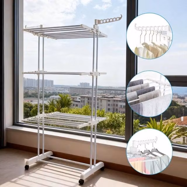 EONLION 3 Tier Foldable Metal Clothes Airer Rack Laundry Dry Rail Hanger in White, W 100 cm x D 100 cm
