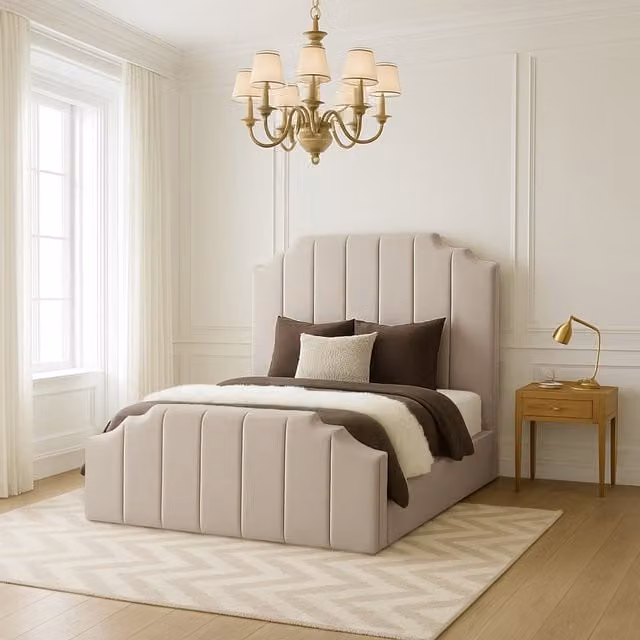Desire Deco Tower Upholstered Bed Frame in Silver, Yellow or Beige, W/D/H: 200 x 200 cm