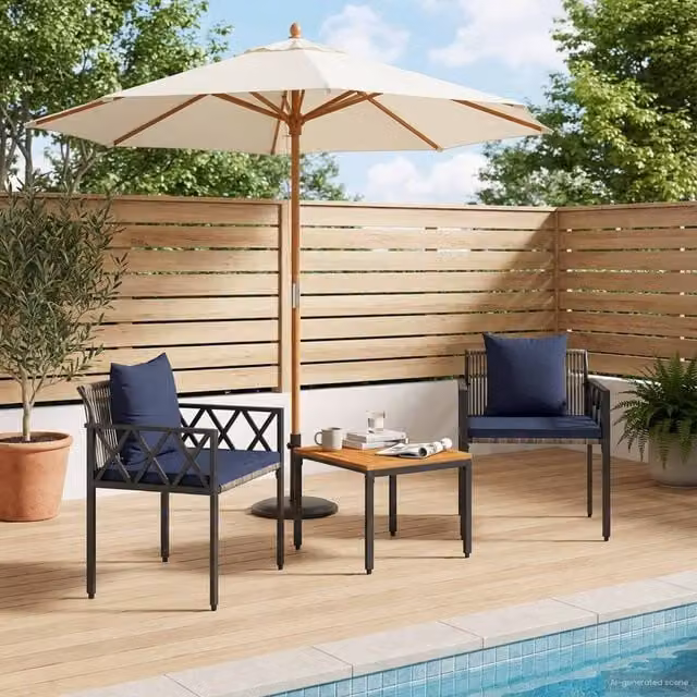 Berkfield Home 3 Piece Outdoor Furniture Set in Grey and Navy Blue with Acacia Wood and Poly Rattan – 1