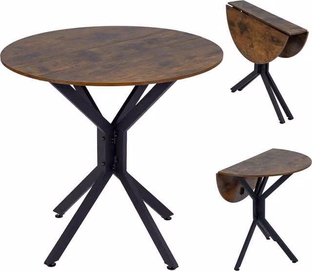 Costway Brown Round Folding Dining Table with Butterfly Drop Leaf and X-Frame Metal Legs