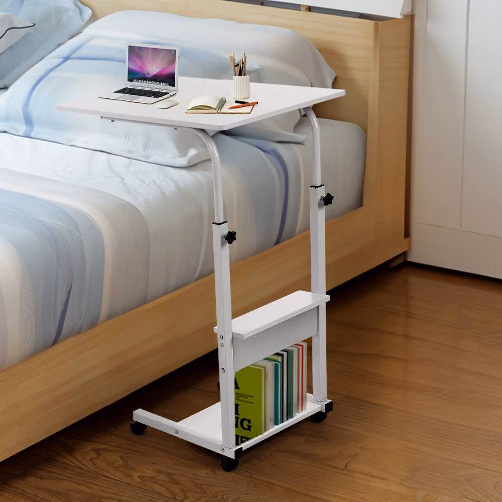Living and Home 3-tier Height Adjustable Mobile Overbed Desk with Wheels in White – 2