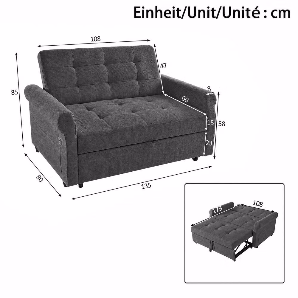 Merax 2-Seater Grey Chenille Convertible Sofa Bed with USB Charging Ports and Pull-Out Drawer, W/D/H: 135 x 173 cm – 2