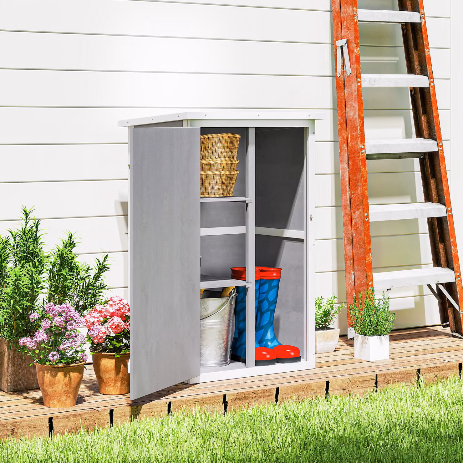 Outsunny Grey Wooden Garden Storage Shed with Shelves, W/D/H: 56 x 75 x 115 cm – 5