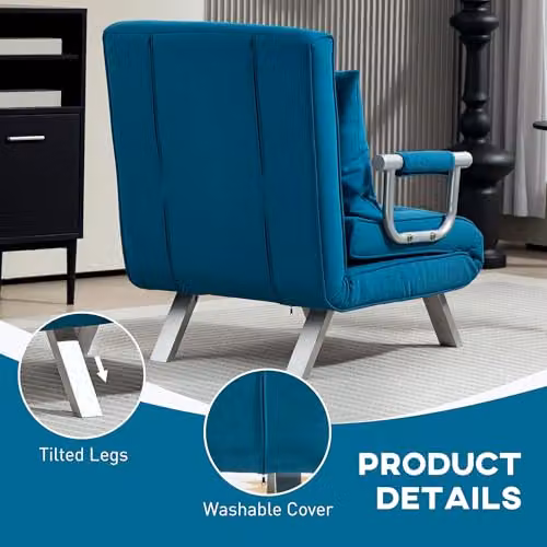 HOMCOM Blue Microfibre Click Clack Convertible Single Chair Bed with Metal Frame and Armrests – 7