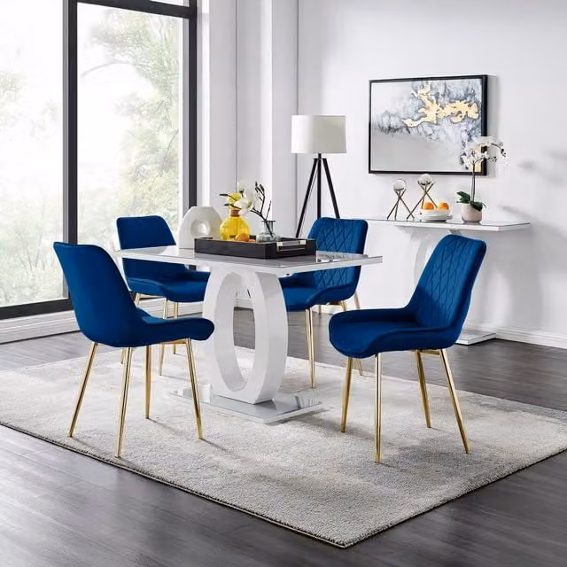 FurnitureboxUK Giovani Grey Glass Rectangular Dining Table and 4 Blue Upholstered Chairs with Gold Legs W/D/H: 120 x 70 x 70 cm