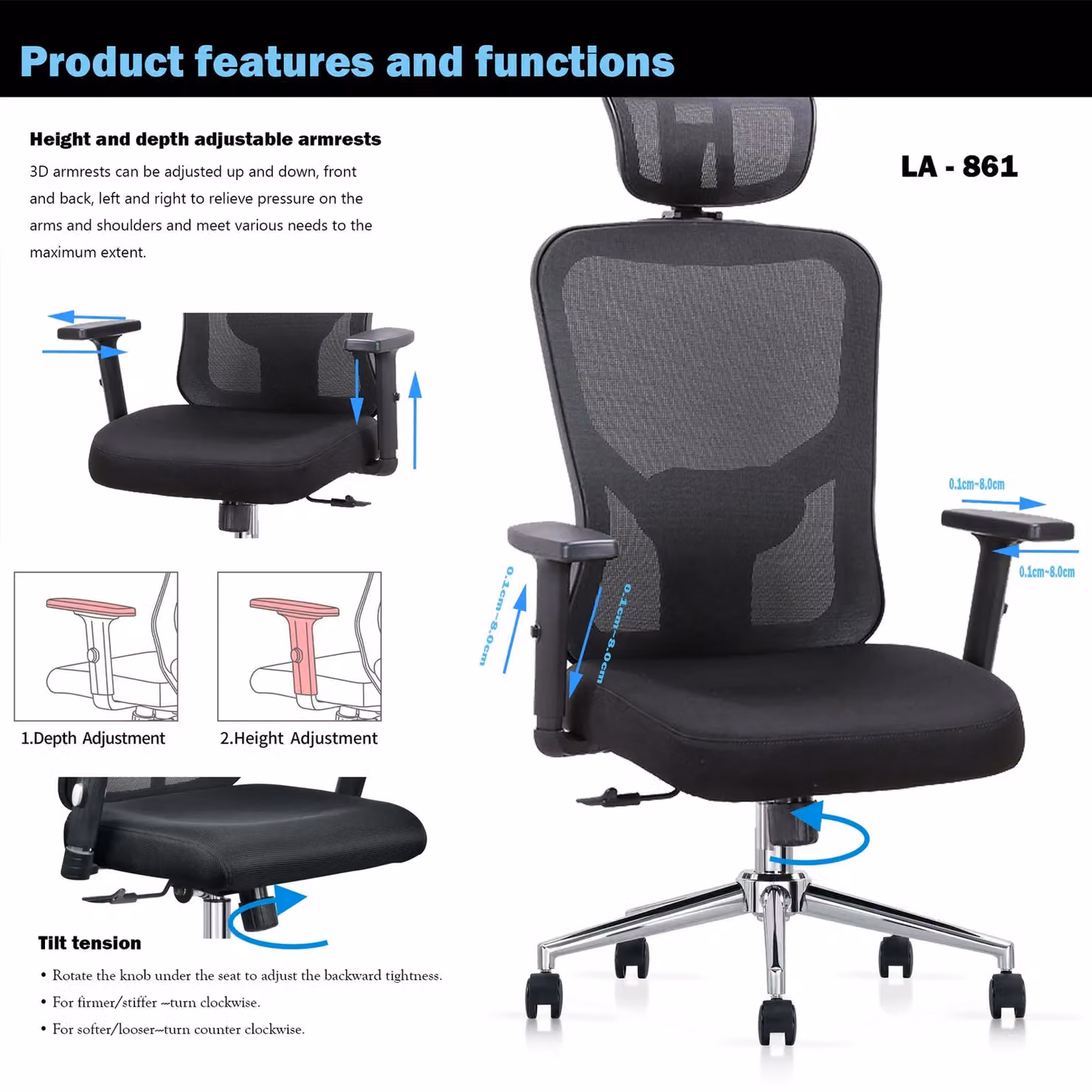 JFY Ergonomic Black Mesh Office Chair with Headrest and Armrests – 4